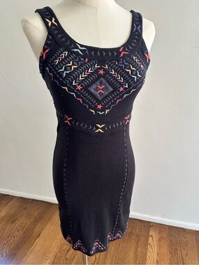 Free People Black Embroidered Bodycon Mini Dress Geometric Knit Size S/P